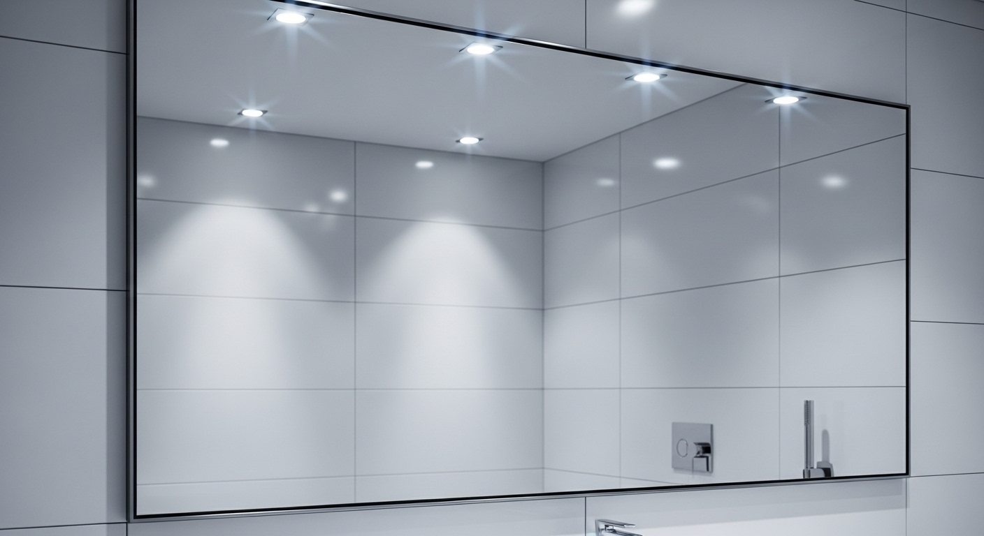 Gương trong suốt, sáng bóng không vệt ố trong phòng tắm hiện đại, phản chiếu đèn rõ nét – minh chứng cho cách lau gương sạch hiệu quả. Gương trong suốt, sáng bóng không vệt ố trong phòng tắm hiện đại, phản chiếu đèn rõ nét – minh chứng cho cách lau gương sạch hiệu quả.