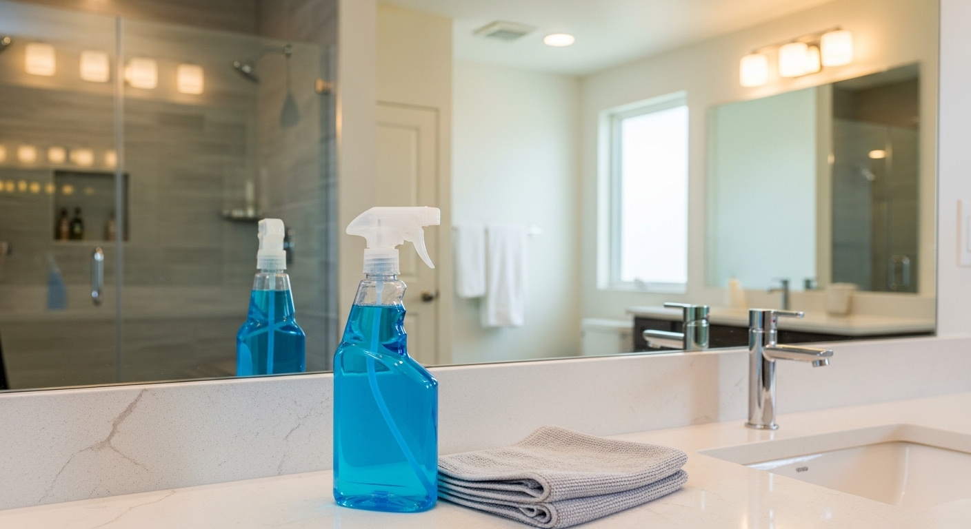 Gương nhà tắm sạch bóng không vết ố, kèm chai nước lau kính và khăn microfiber, minh họa cách làm sạch gương nhà tắm hiệu quả.