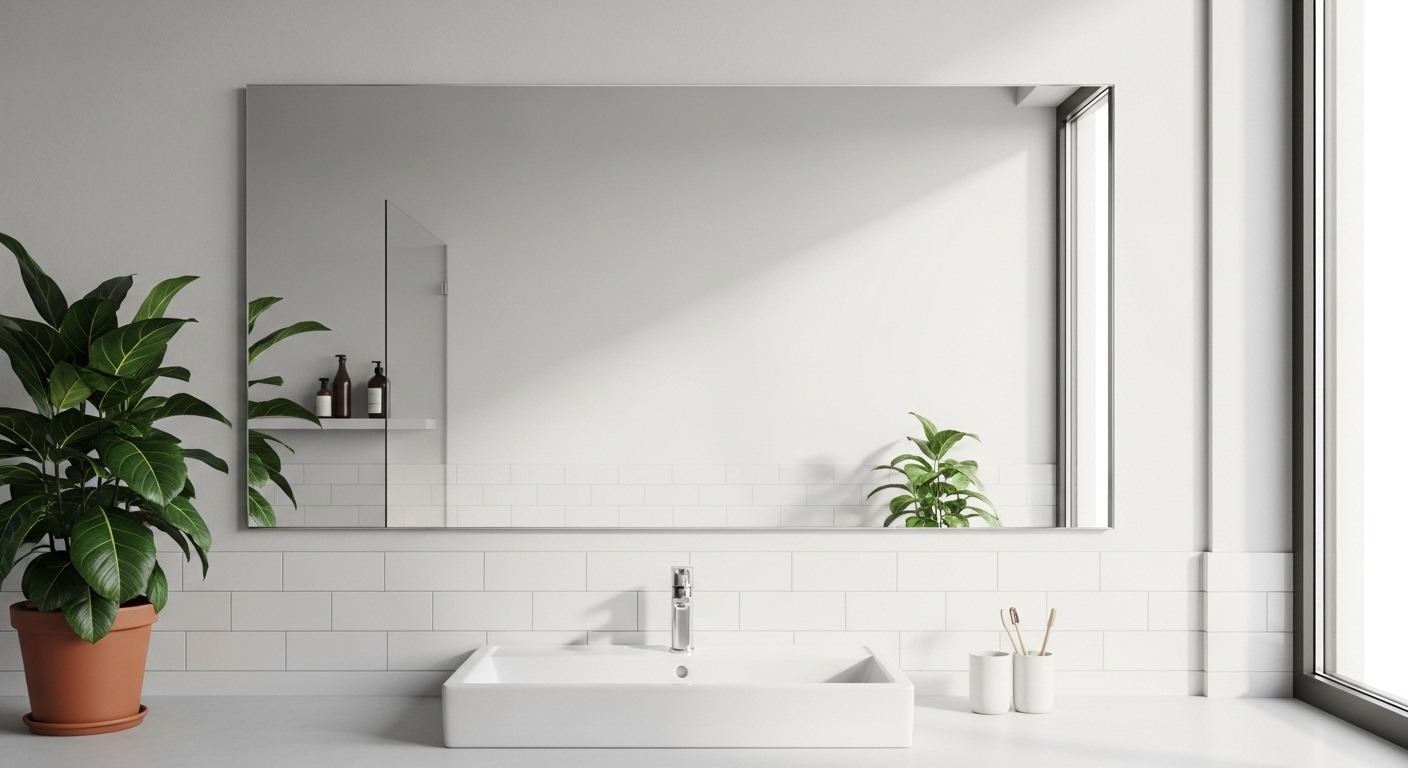 Gương nhà tắm sạch bóng, không vệt ố, phản chiếu không gian hiện đại, minh họa hiệu quả của cách làm sạch gương nhà tắm đúng cách.