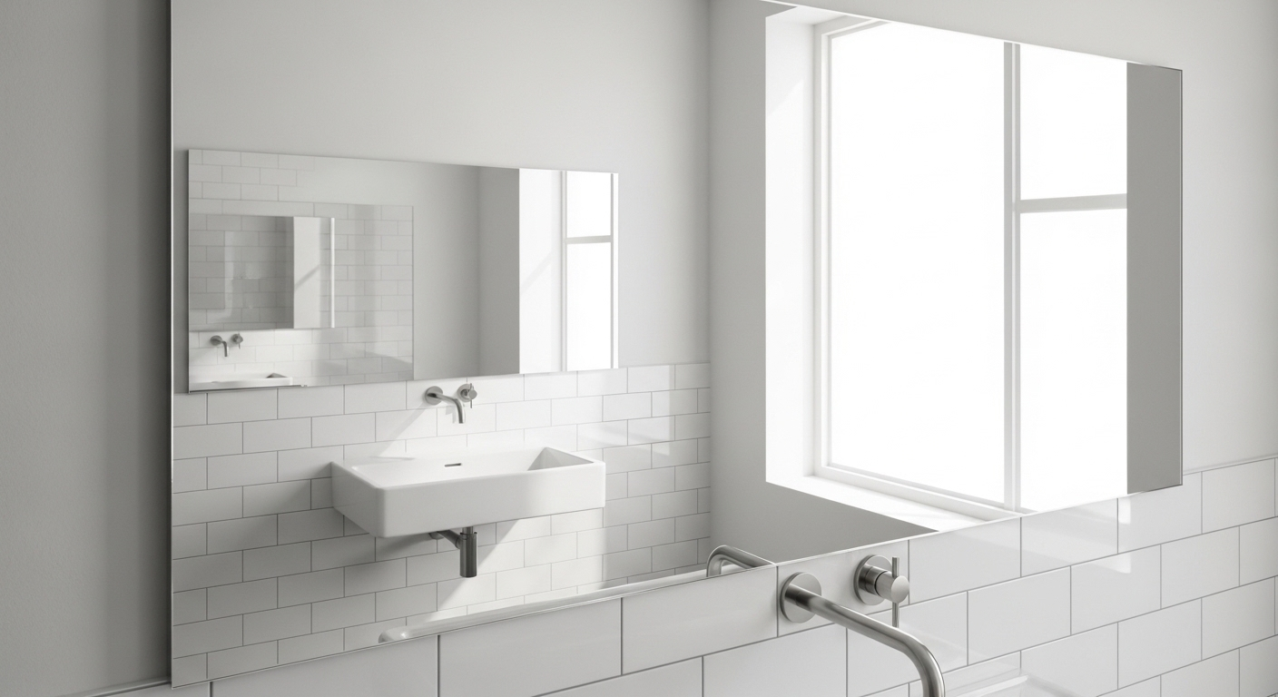 Gương nhà tắm sạch bóng, phản chiếu rõ nét nội thất phòng tắm tối giản, cho thấy hiệu quả của cách làm sạch gương nhà tắm.