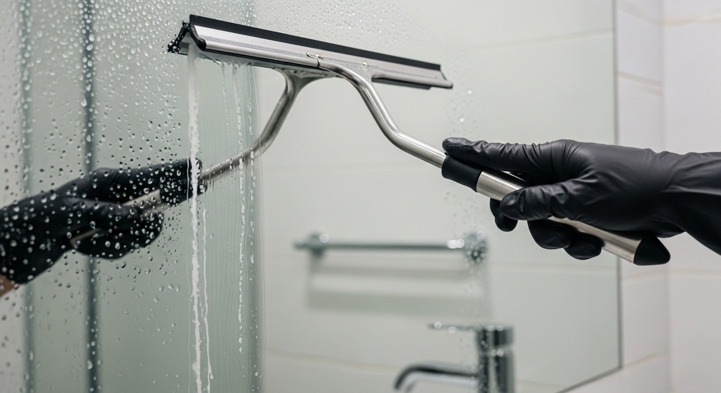 Hình ảnh minh họa cách làm sạch gương nhà tắm bằng cây gạt chuyên dụng, tạo vệt sáng bóng rõ rệt. Hình ảnh minh họa cách làm sạch gương nhà tắm bằng cây gạt chuyên dụng, tạo vệt sáng bóng rõ rệt.