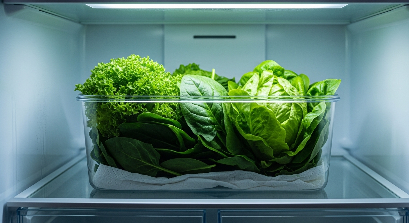 Hộp nhựa trong suốt đựng rau xanh tươi (như cải bó xôi, xà lách) với lớp khăn giấy thấm hút ở đáy, đặt trong tủ lạnh. Đây là mẹo vặt gia đình hiệu quả giúp bảo quản rau củ tươi lâu.