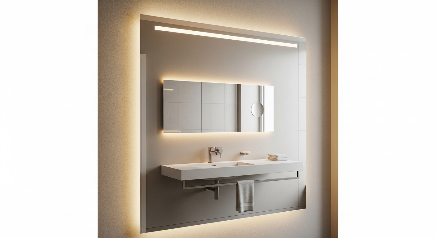 Gương phòng tắm không khung hiện đại, trong suốt hoàn hảo nhờ đèn nền ấm áp, loại bỏ hoàn toàn nỗi lo gương phòng tắm bị mờ sau khi tắm.