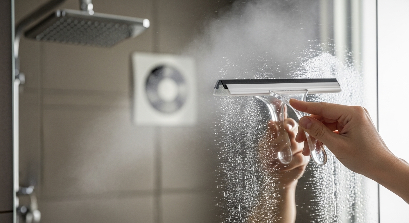 Tay dùng cây gạt làm sạch gương phòng tắm bị hơi nước mờ sau khi tắm, minh họa một cách làm sạch gương phòng tắm hiệu quả.