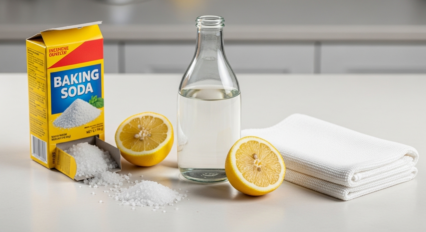 Bộ nguyên liệu vệ sinh tự nhiên (giấm, chanh, muối, baking soda) và khăn microfiber, minh họa cách vệ sinh gương phòng tắm sáng bóng, không vệt ố.