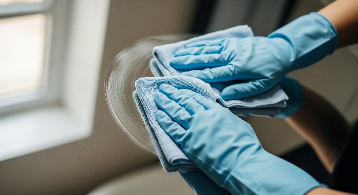 Đôi tay đeo găng cẩn thận dùng khăn microfiber ẩm lau sạch bề mặt gương, minh họa quy trình làm sạch gương bị mốc hiệu quả.