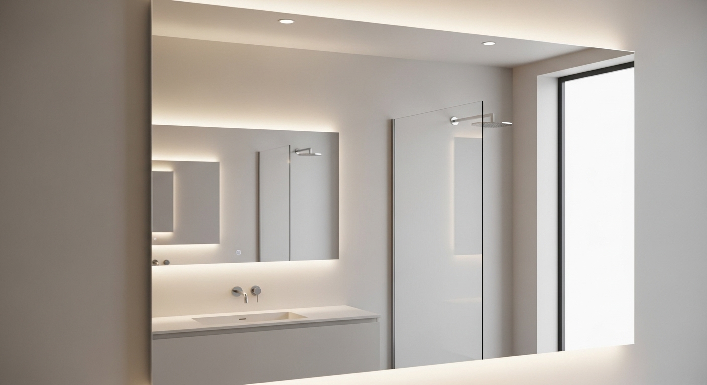 Gương nhà tắm sáng trong, không chút vệt mờ, phản chiếu rõ nét nội thất hiện đại. Ảnh minh họa cách làm sạch gương nhà tắm không để lại vệt mờ hiệu quả.