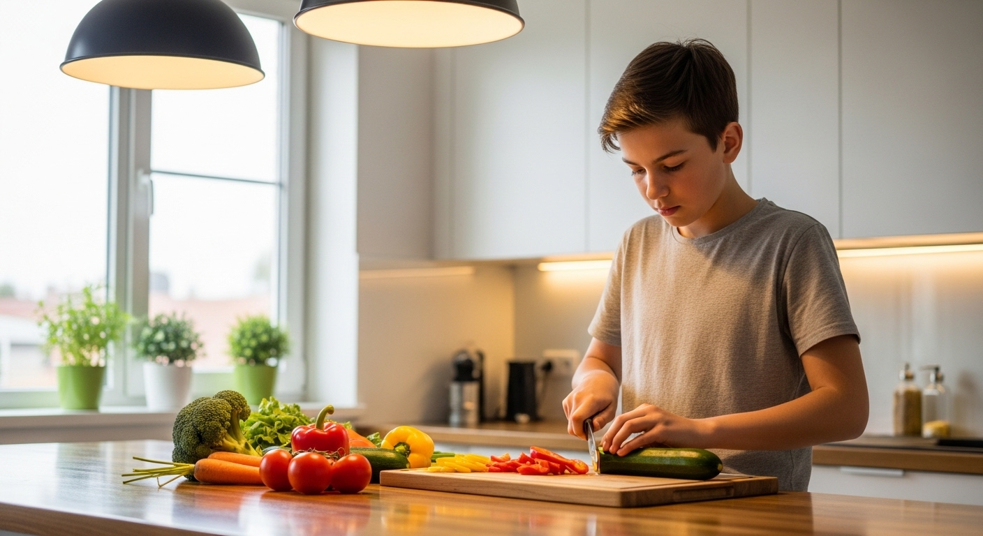 Thiếu niên 14 tuổi cẩn thận thái rau trong bếp gia đình sáng sủa, minh chứng rõ ràng cho cách khuyến khích con làm việc nhà hiệu quả và phát triển kỹ năng sống.