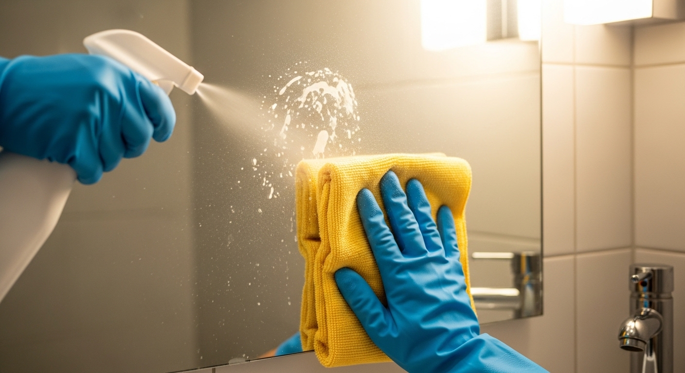 Bàn tay đeo găng đang xịt dung dịch làm sạch chuyên dụng lên một phần gương nhà tắm bị ố mờ, chuẩn bị lau bằng khăn microfiber. Hình ảnh minh họa cách làm gương nhà tắm hết mờ hiệu quả.