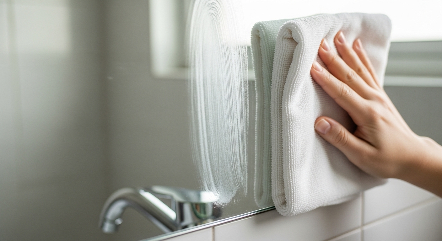 Khăn microfiber trắng đang lau gương phòng tắm, tạo vệt sạch sáng bóng, minh họa cách làm sạch gương trong phòng tắm hiệu quả.