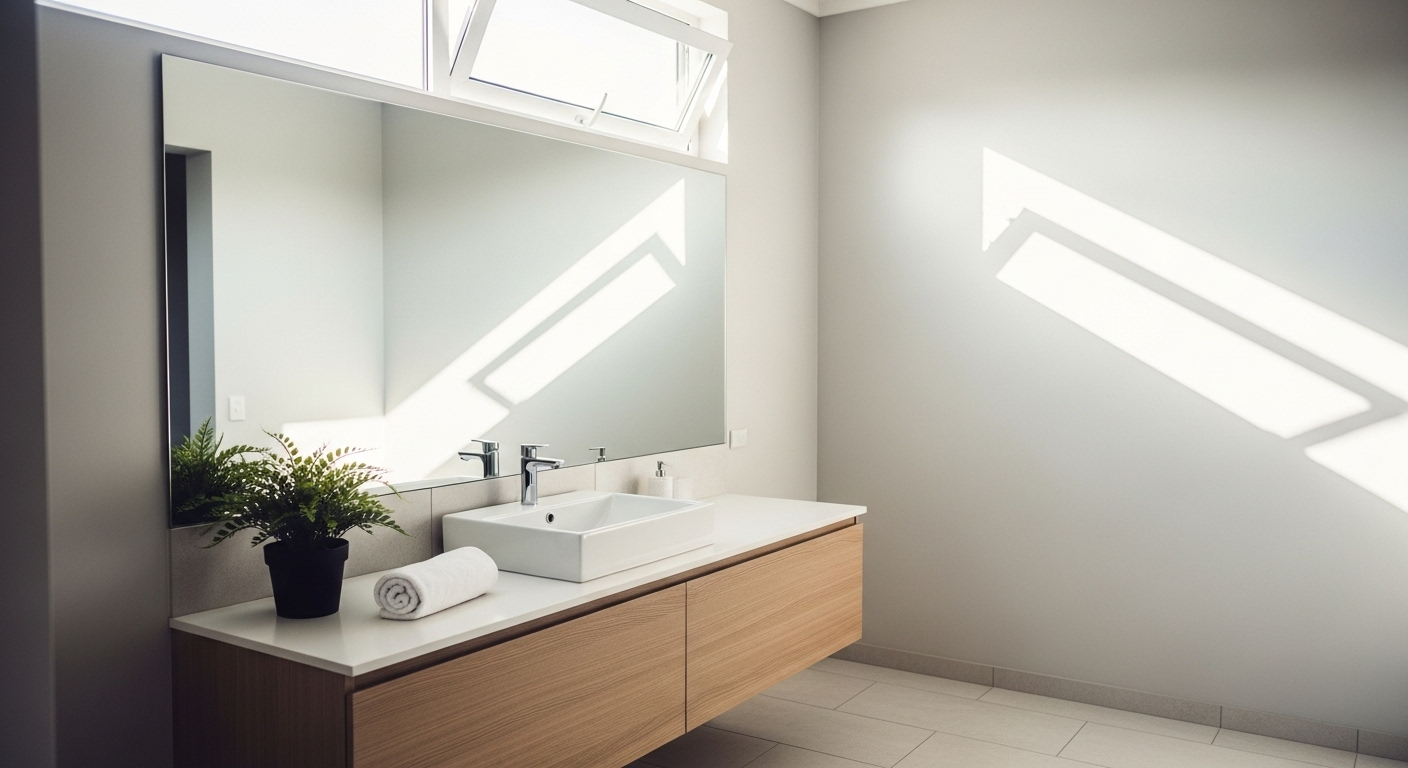 Gương nhà tắm hiện đại, trong veo phản chiếu ánh sáng tự nhiên, là kết quả hoàn hảo khi áp dụng cách khắc phục gương nhà tắm bị mờ, tạo không gian thoáng đãng với cây xanh.