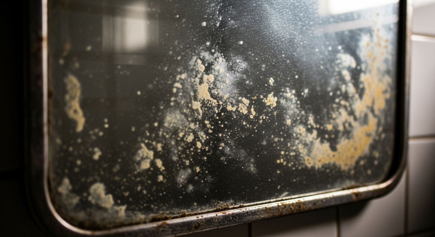 Gương phòng tắm cũ, bị mờ với nhiều vết ố xám đậm và vàng xỉn do tích tụ bụi bẩn lâu ngày. Gương phòng tắm cũ, bị mờ với nhiều vết ố xám đậm và vàng xỉn do tích tụ bụi bẩn lâu ngày.