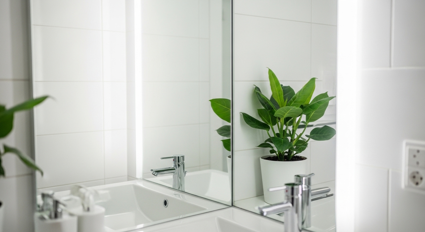 Gương nhà tắm sạch bóng, trong vắt phản chiếu nội thất tối giản sắc nét, minh chứng cho hiệu quả của việc lau gương nhà tắm.