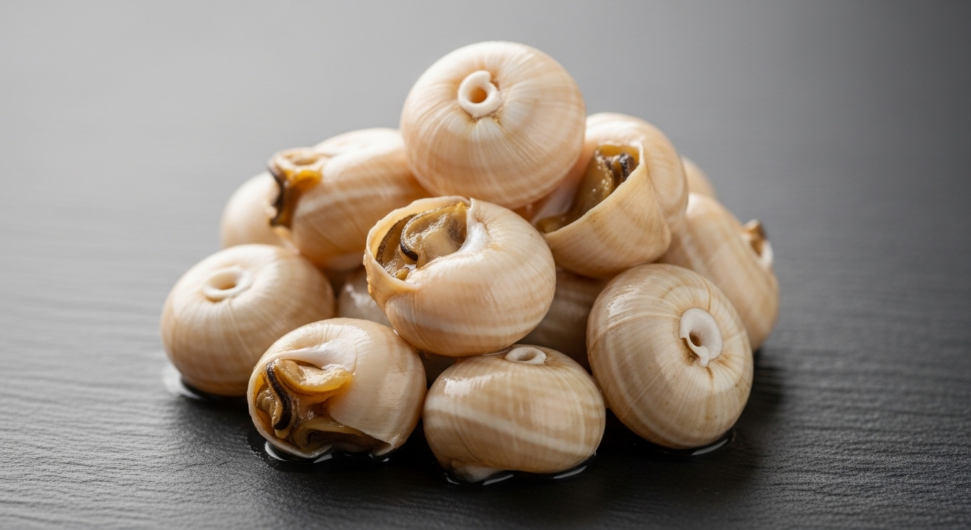 Cận cảnh thịt ốc luộc đã tách vỏ, trắng ngà, săn chắc và sạch sẽ, xếp gọn gàng trên nền tối. Đây là kết quả hoàn hảo từ cách ngâm ốc sạch nhớt hiệu quả.