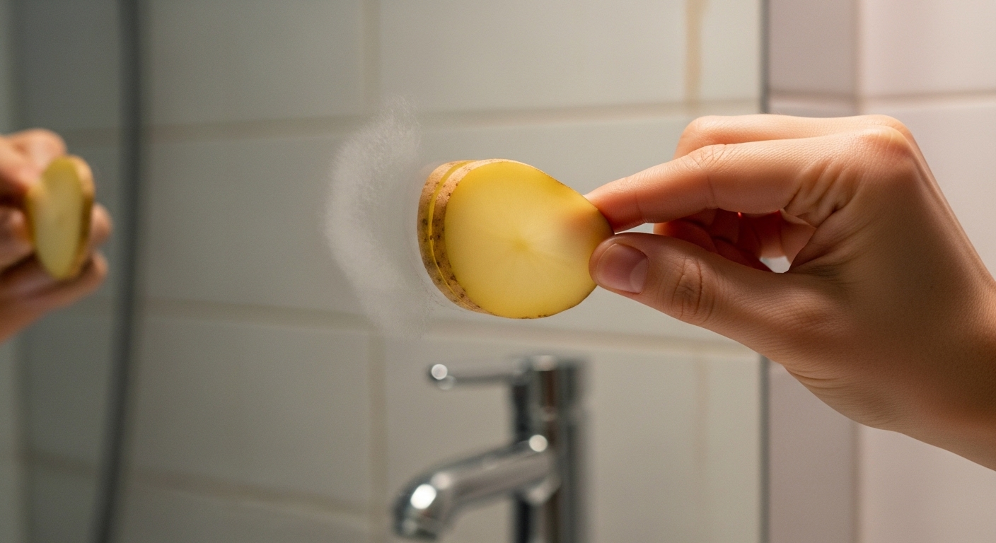 Cận cảnh tay dùng lát khoai tây chà gương phòng tắm bị mờ, minh họa mẹo dọn nhà tự nhiên giúp gương sáng bóng không vết ố.