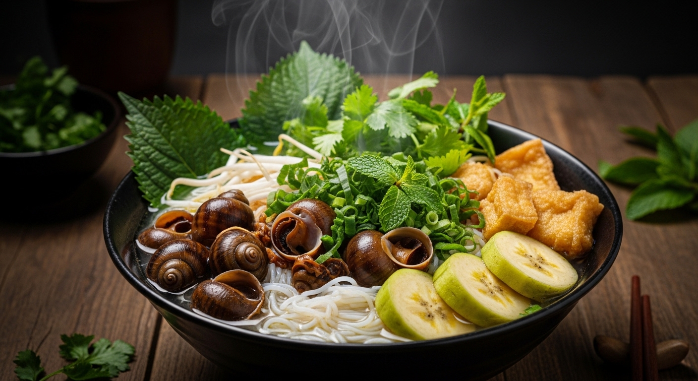 Bát Bún Ốc Chuối Đậu nóng hổi, hấp dẫn với những con ốc đã được sơ chế sạch sẽ (nhờ biết cách ngâm ốc sạch nhớt), chuối xanh, đậu phụ và rau thơm tươi trong nước dùng trong veo, đậm đà.