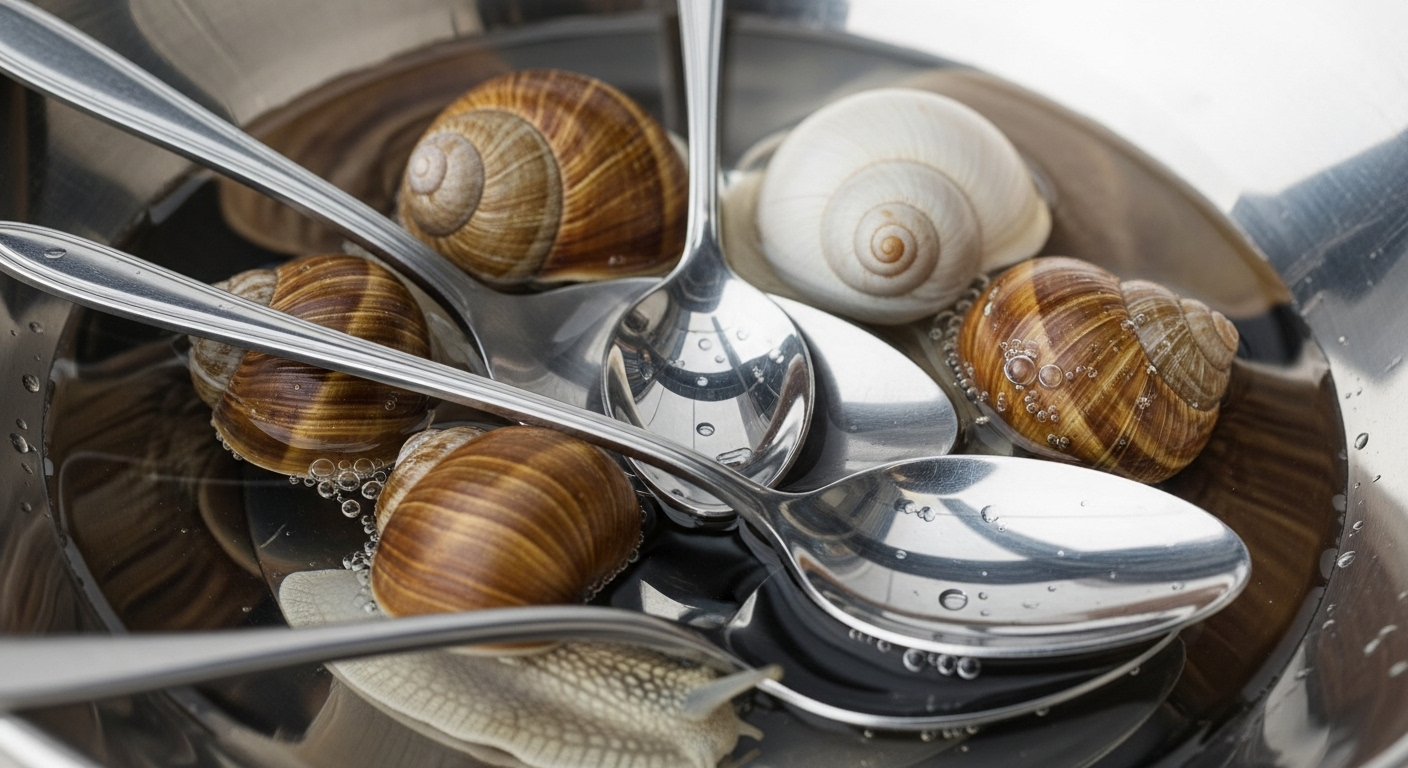 Cận cảnh ốc đang ngâm trong nước sạch trong bát kim loại sáng bóng cùng thìa, minh họa các bước trong cách làm sạch ốc hiệu quả.