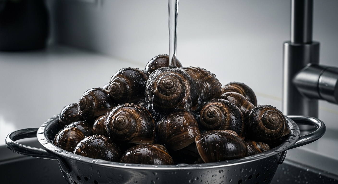 Một tô ốc nước ngọt đang ngâm với lát chanh vàng và ớt đỏ rực trong nước, minh họa cách ngâm ốc sạch hiệu quả để loại bỏ bùn đất và khử mùi.