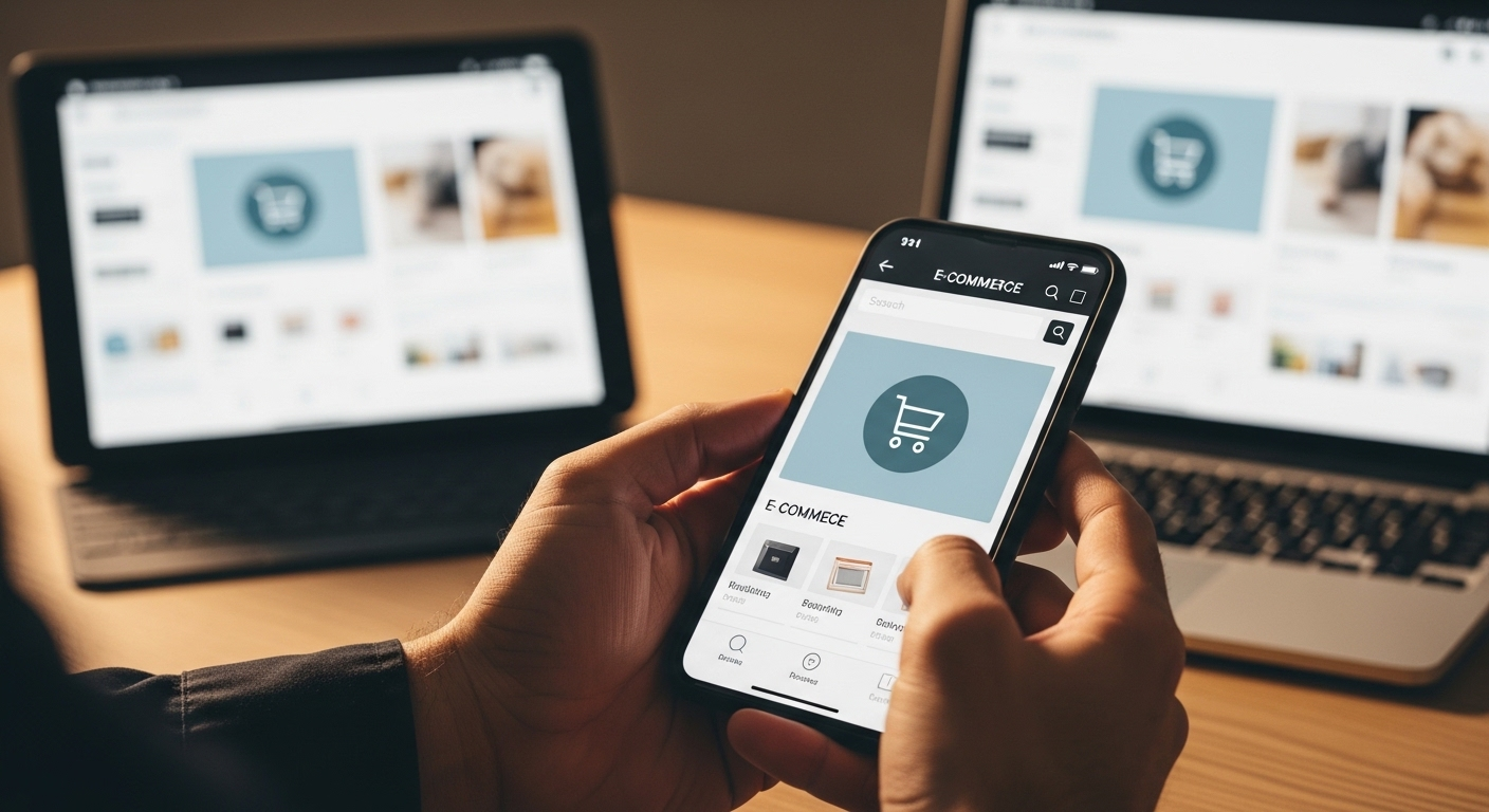 Cận cảnh tay người dùng xem giao diện thương mại điện tử trên điện thoại, với máy tính bảng và laptop đồng bộ giao diện phía sau.