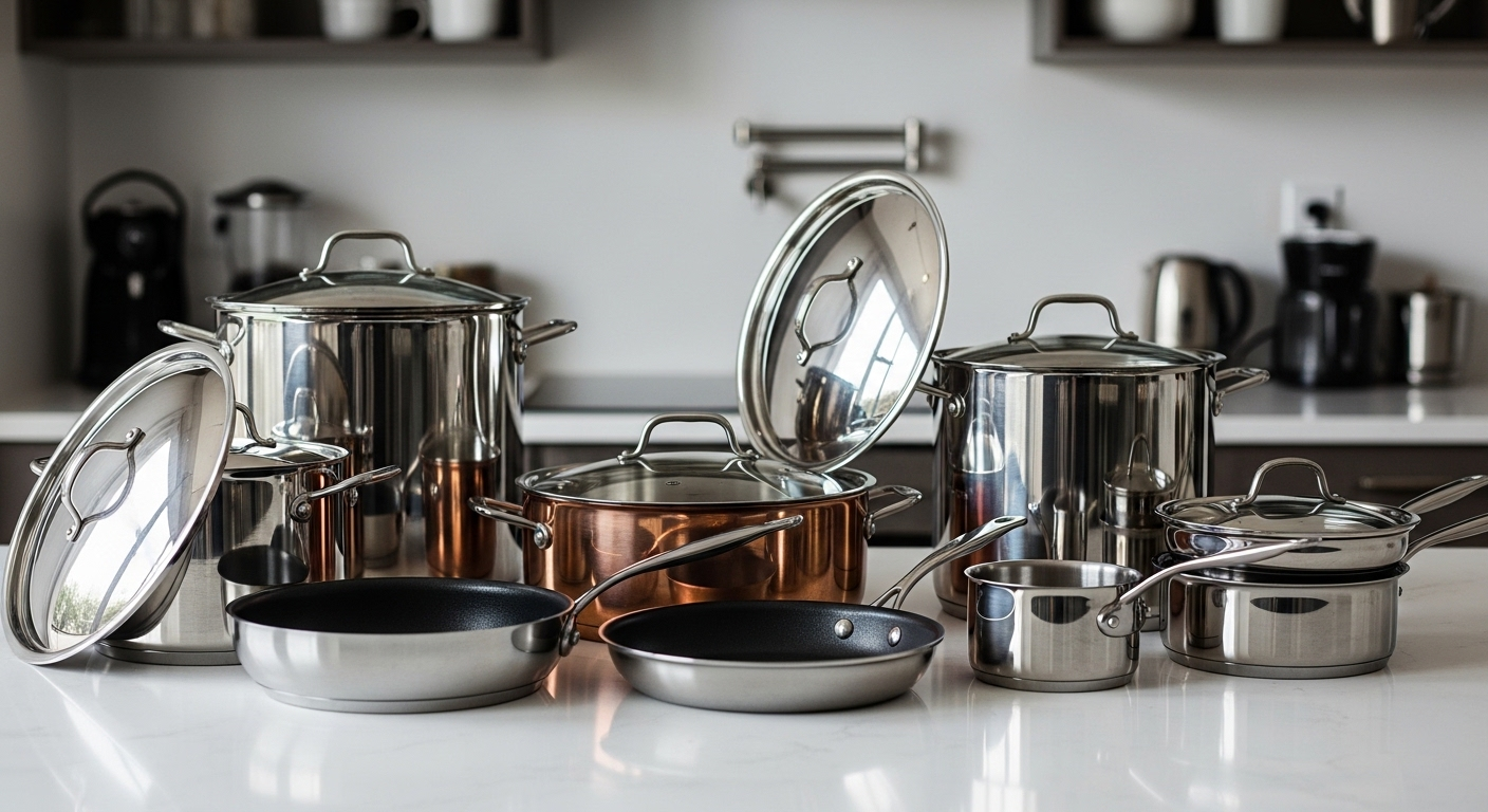 Bộ nồi chảo kim loại sạch bóng, sáng loáng trên bàn bếp hiện đại. Hình ảnh minh chứng cho hiệu quả của việc làm sạch nồi bị cháy đúng cách để đồ dùng luôn như mới.