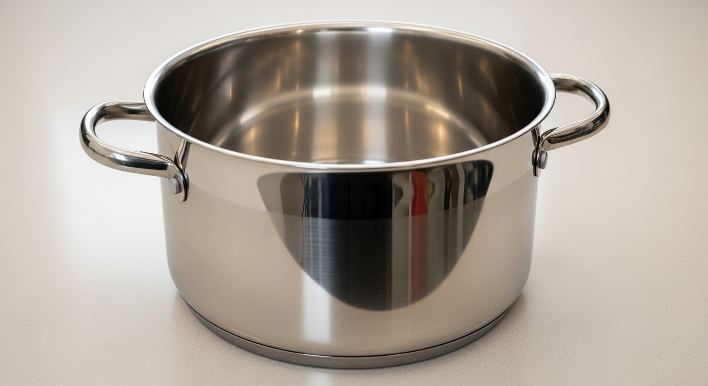 Nồi inox sáng bóng, không tì vết trên bàn bếp, minh họa cho kết quả tuyệt vời từ mẹo làm sạch nồi bị cháy bằng coca cola.