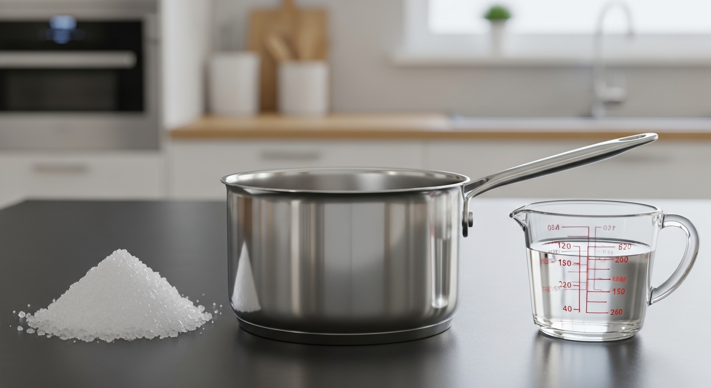 Chuẩn bị phèn chua, nước và nồi inox sạch để thực hiện cách làm sạch nồi bị cháy hiệu quả.