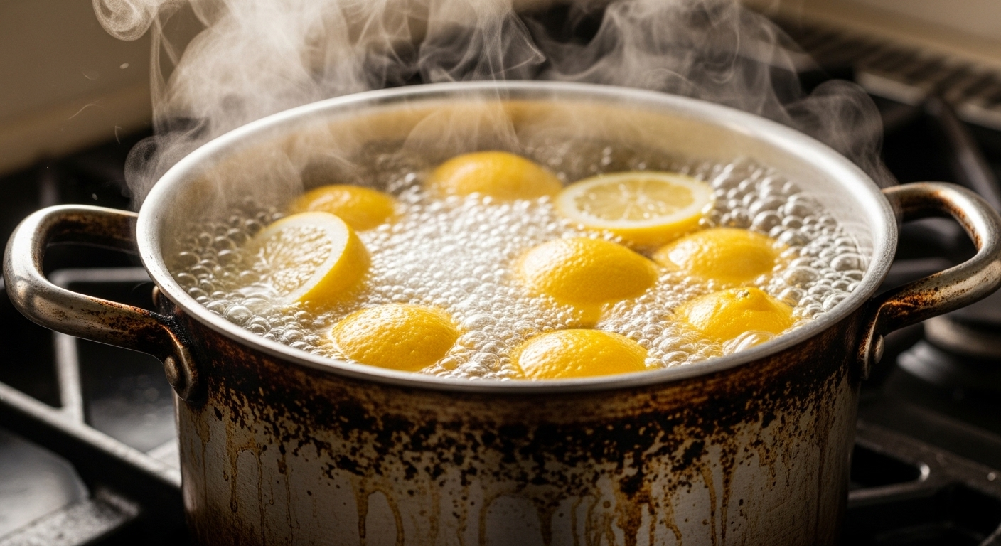 Chanh tươi vàng và nước đang sôi trong nồi kim loại bị cháy đen, hơi nước bốc lên nhẹ nhàng. Hình ảnh minh họa cách làm sạch nồi bị cháy hiệu quả bằng nguyên liệu tự nhiên.