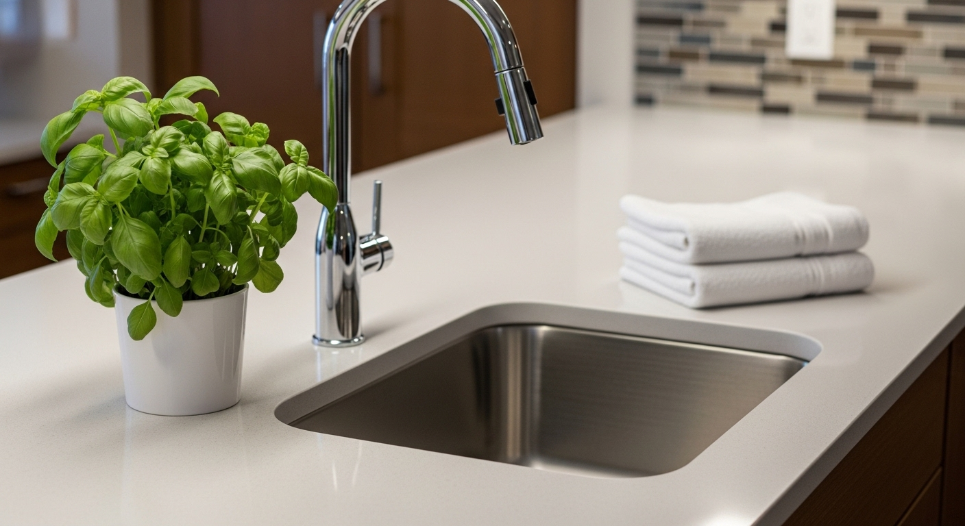 Bàn bếp sạch tinh tươm và bồn rửa chén inox sáng bóng, cùng cây gia vị xanh và khăn lau bếp gọn gàng, minh họa cho không gian vệ sinh nhà ở lý tưởng.