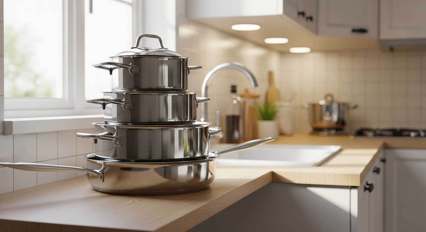 Ba chiếc xoong nồi inox sáng bóng, đáy phản chiếu ánh sáng, được sắp xếp gọn gàng trên kệ gỗ trong căn bếp hiện đại. Hình ảnh minh họa cho hiệu quả của cách vệ sinh đáy xoong nồi để giữ chúng luôn sạch đẹp.