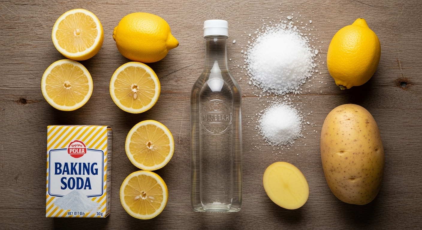 Bố cục phẳng các nguyên liệu tự nhiên gồm chanh, giấm, muối, baking soda và khoai tây trên bàn gỗ, minh họa cách làm sạch đáy nồi inox bị cháy đen hiệu quả.