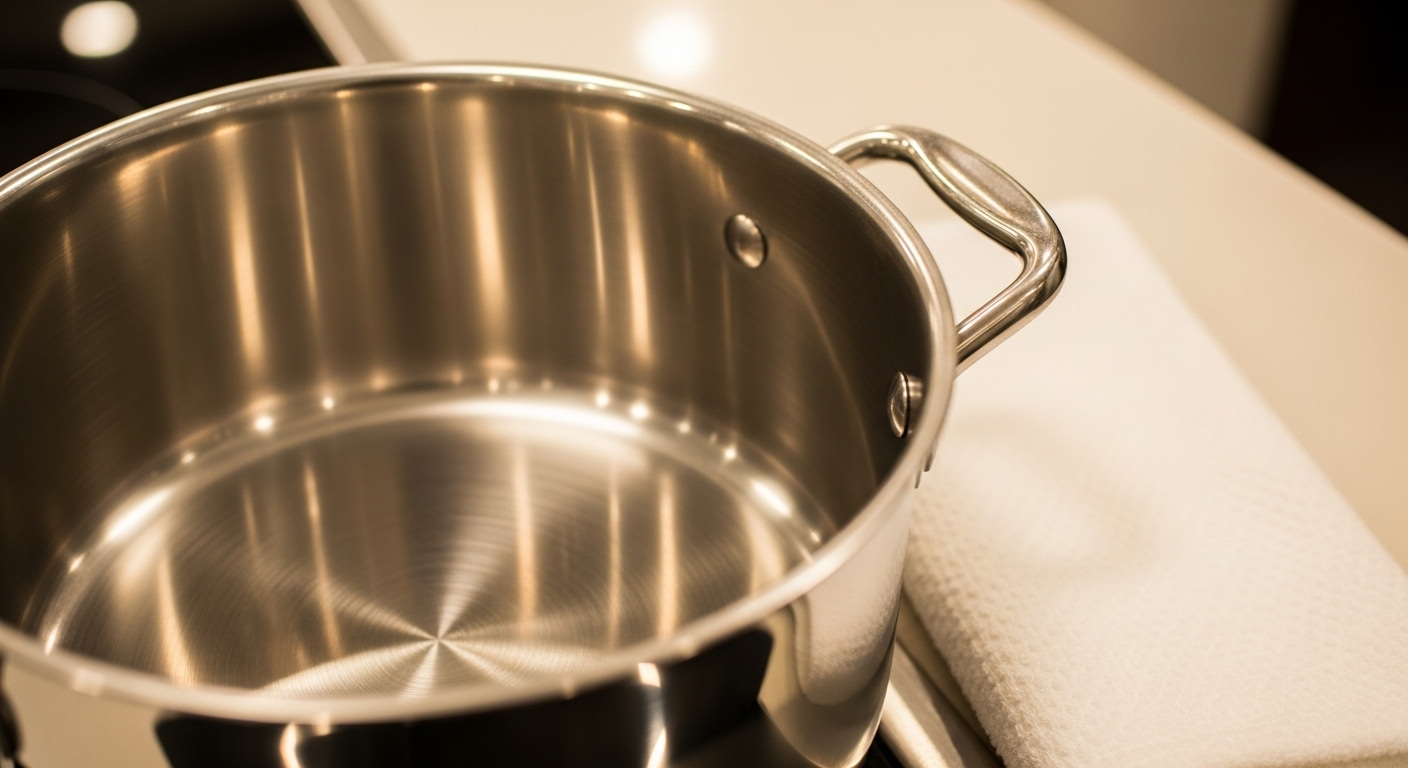 Nồi inox sáng bóng, sạch tinh tươm phản chiếu ánh sáng, thể hiện kết quả hoàn hảo từ cách làm sạch nồi chảo bị cháy hiệu quả.