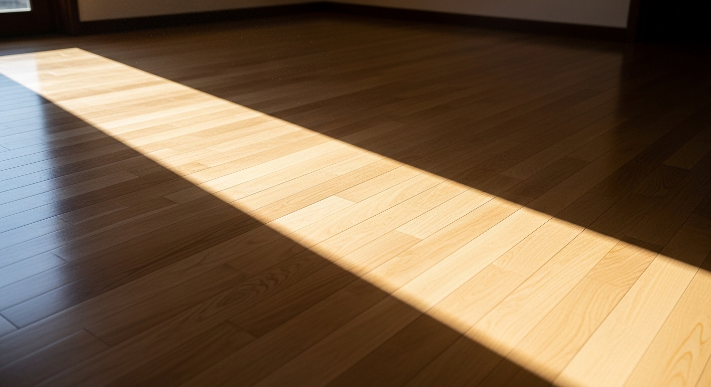 Sàn gỗ màu sáng sạch bóng dưới ánh nắng vàng dịu, là kết quả của cách lau nhà nhanh và sạch, làm nổi bật vân gỗ tinh tế.