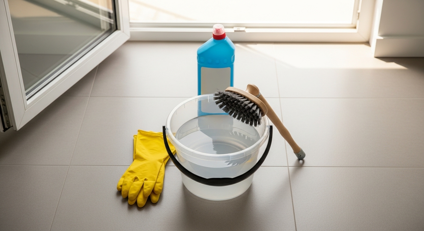 Các dụng cụ lau nhà được sắp xếp gọn gàng gồm găng tay vàng, bàn chải, xô nước và chai nước lau sàn, minh họa cách lau nhà sạch bóng hiệu quả. Các dụng cụ lau nhà được sắp xếp gọn gàng gồm găng tay vàng, bàn chải, xô nước và chai nước lau sàn, minh họa cách lau nhà sạch bóng hiệu quả.