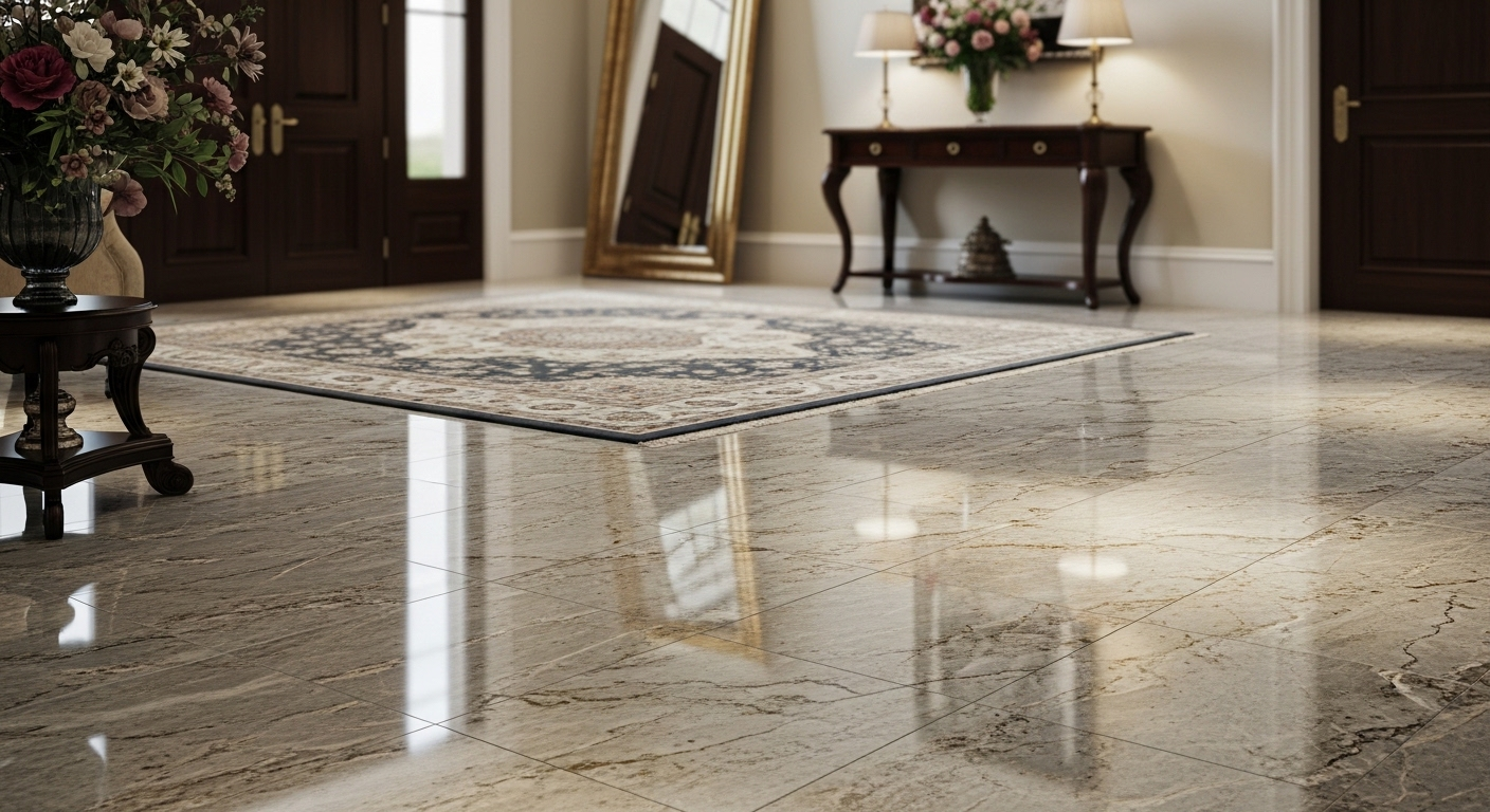 Sàn đá tự nhiên sang trọng, sáng bóng phản chiếu ánh sáng tại tiền sảnh. Vẻ đẹp thanh lịch này là kết quả của quy trình lau sàn nhà tỉ mỉ và hiệu quả.