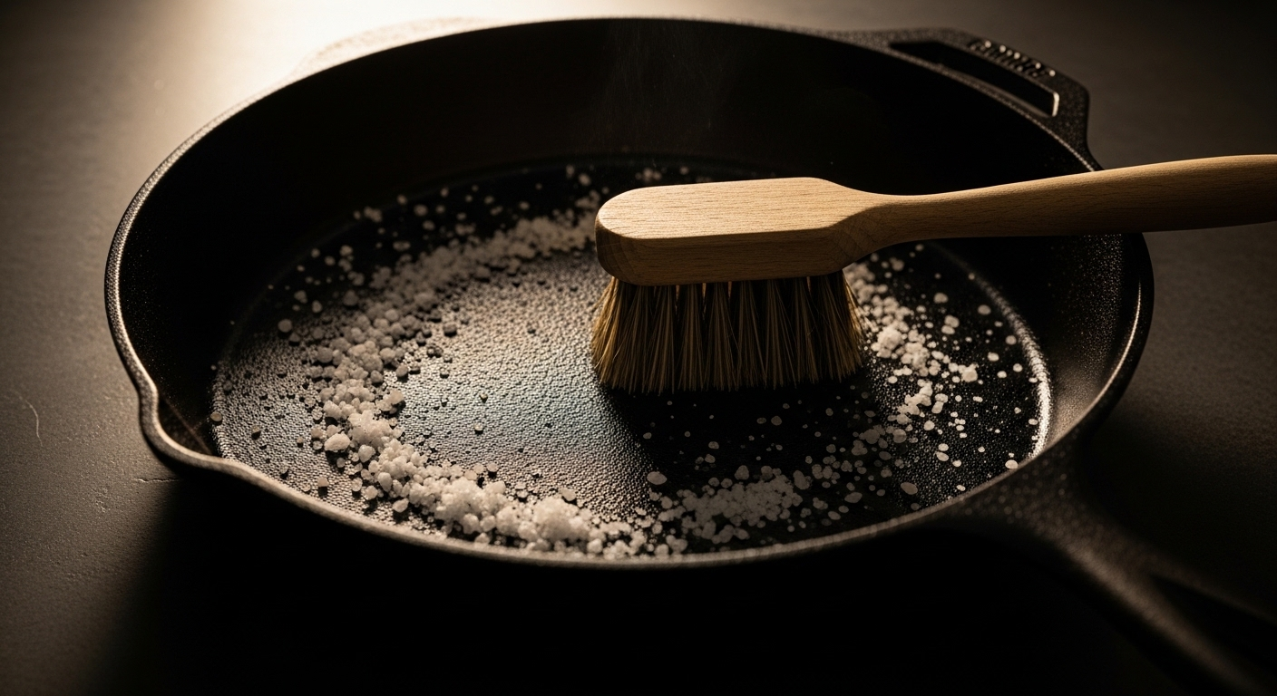 Chảo gang đen được cọ rửa bằng muối hạt và bàn chải cứng, minh họa mẹo làm sạch nhà bếp hiệu quả.