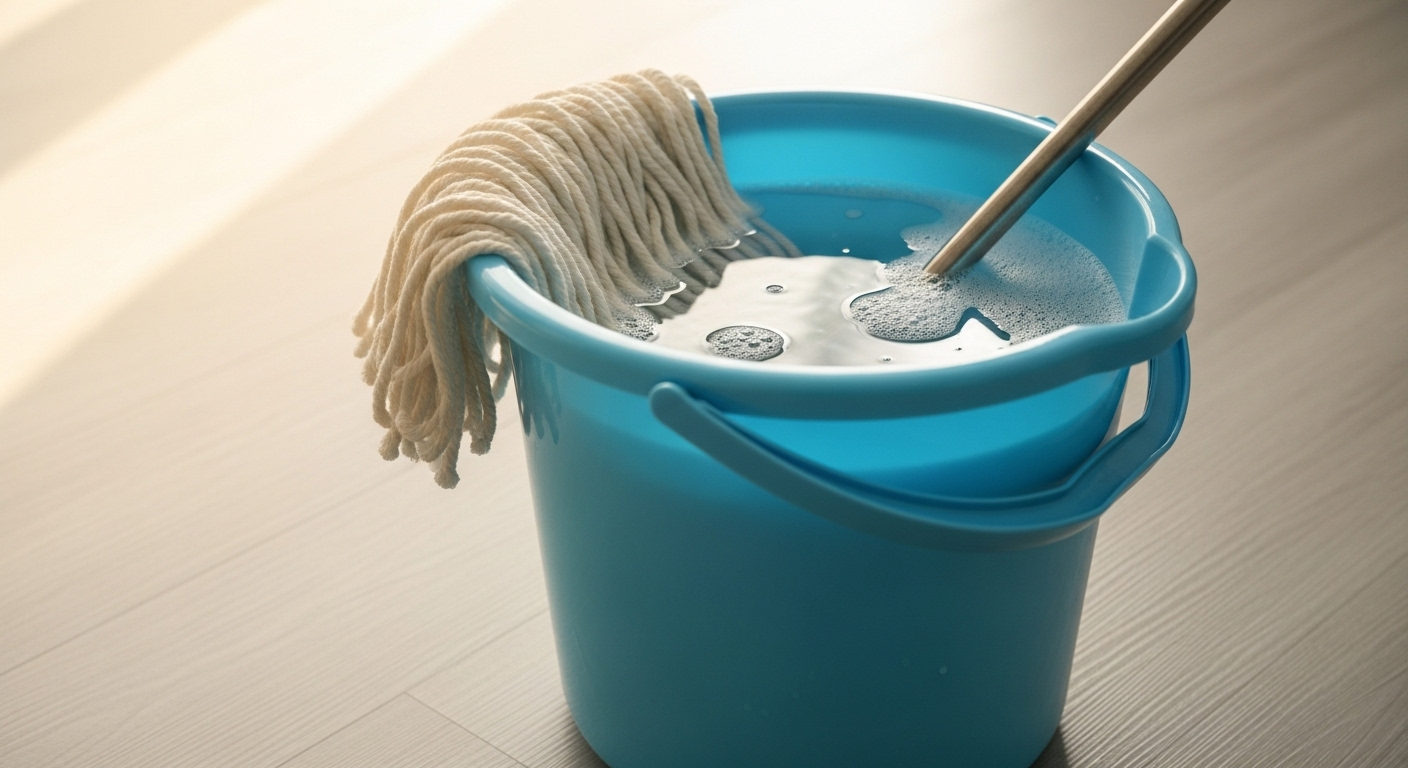 Cây lau nhà sạch và thùng nước xà phòng xanh nhạt trên sàn nhựa vinyl, bộ dụng cụ thiết yếu cho cách lau nhà sạch.