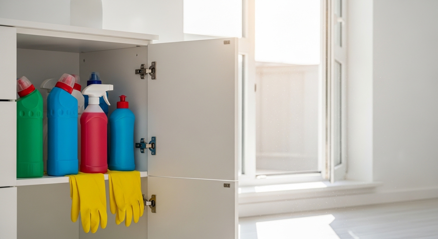 Bình dung dịch vệ sinh và găng tay vàng gọn gàng trên kệ tủ trắng, sẵn sàng cho cách lau nhà sạch và giữ không gian thoáng mát.