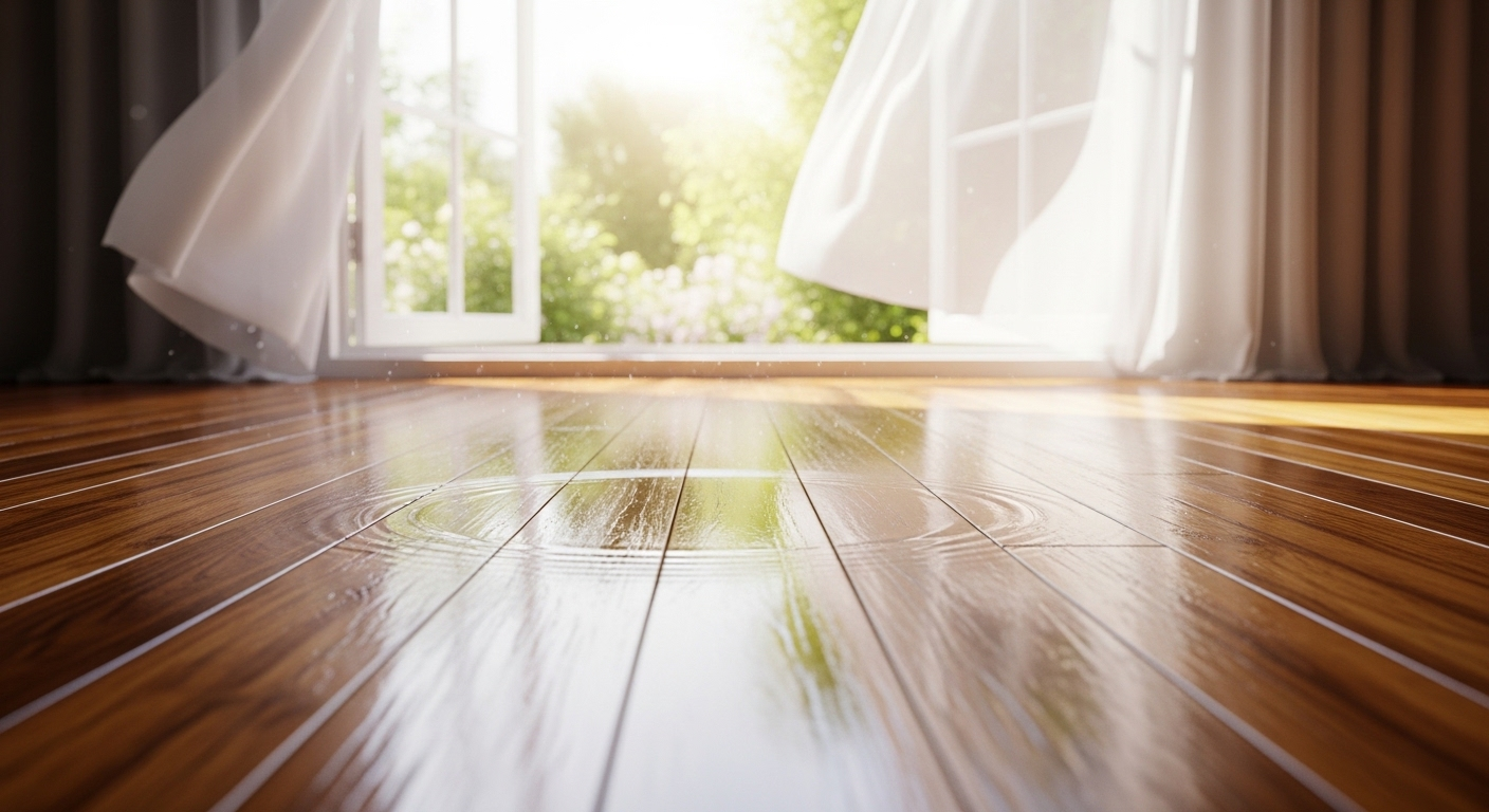Sàn gỗ vừa lau xong, còn hơi ẩm, đang khô dần dưới ánh sáng tự nhiên từ cửa sổ mở, minh họa cách lau nhà sạch không bị rít để sàn luôn bóng đẹp.