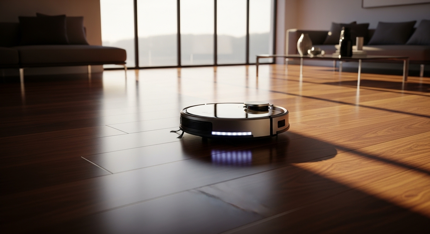Robot hút bụi tiên tiến đang làm sạch sàn gỗ bóng loáng trong phòng khách hiện đại ngập nắng, minh họa hiệu quả cách vệ sinh nhà cửa sạch sẽ và đúng cách.