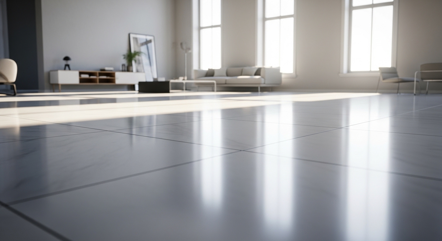 Sàn gạch phòng khách sáng bóng như gương dưới ánh nắng, kết quả của cách làm nước lau sàn tự nhiên và hiệu quả.