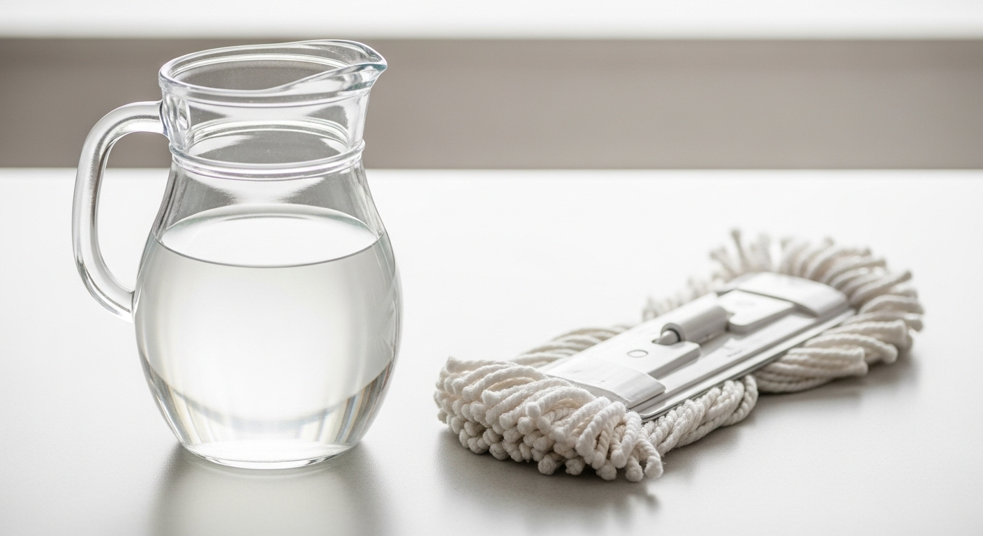 Bình thủy tinh chứa dung dịch giấm pha loãng bên cạnh đầu cây lau nhà màu trắng, sẵn sàng cho cách làm sạch cây lau nhà hiệu quả và tự nhiên.
