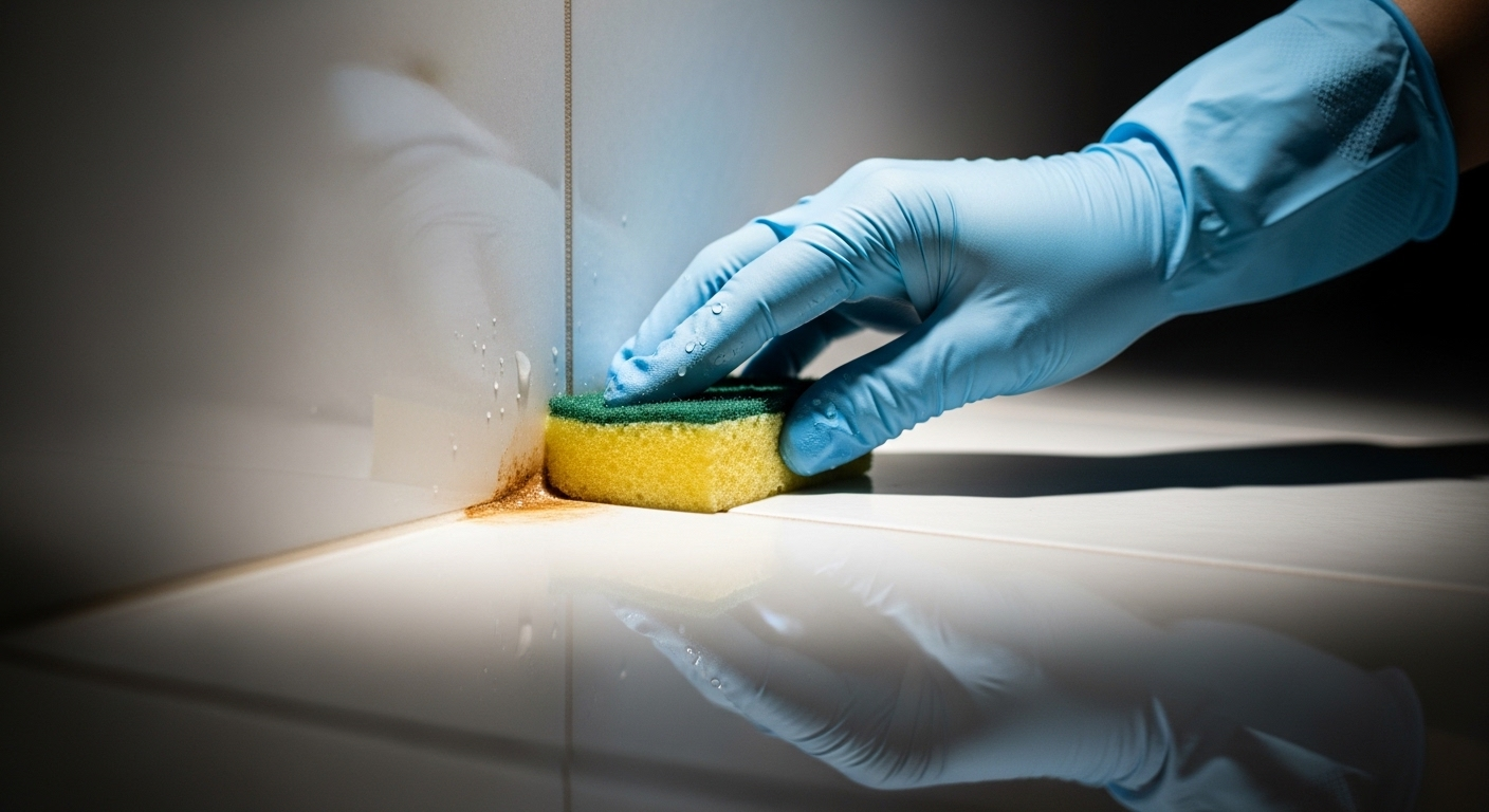 Bàn tay đeo găng dùng bọt biển làm sạch kỹ lưỡng vết ố cứng đầu ở góc gạch lát sàn bếp sáng màu, minh họa cách lau nhà sạch từng chi tiết để sàn luôn bóng loáng.