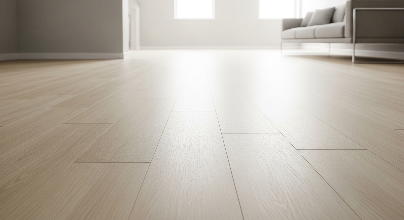 Sàn gỗ công nghiệp trong phòng khách rộng rãi, sạch bóng, khô ráo hoàn hảo, không hề bị rít – kết quả lý tưởng từ cách lau nhà sạch không bị rít đúng chuẩn.