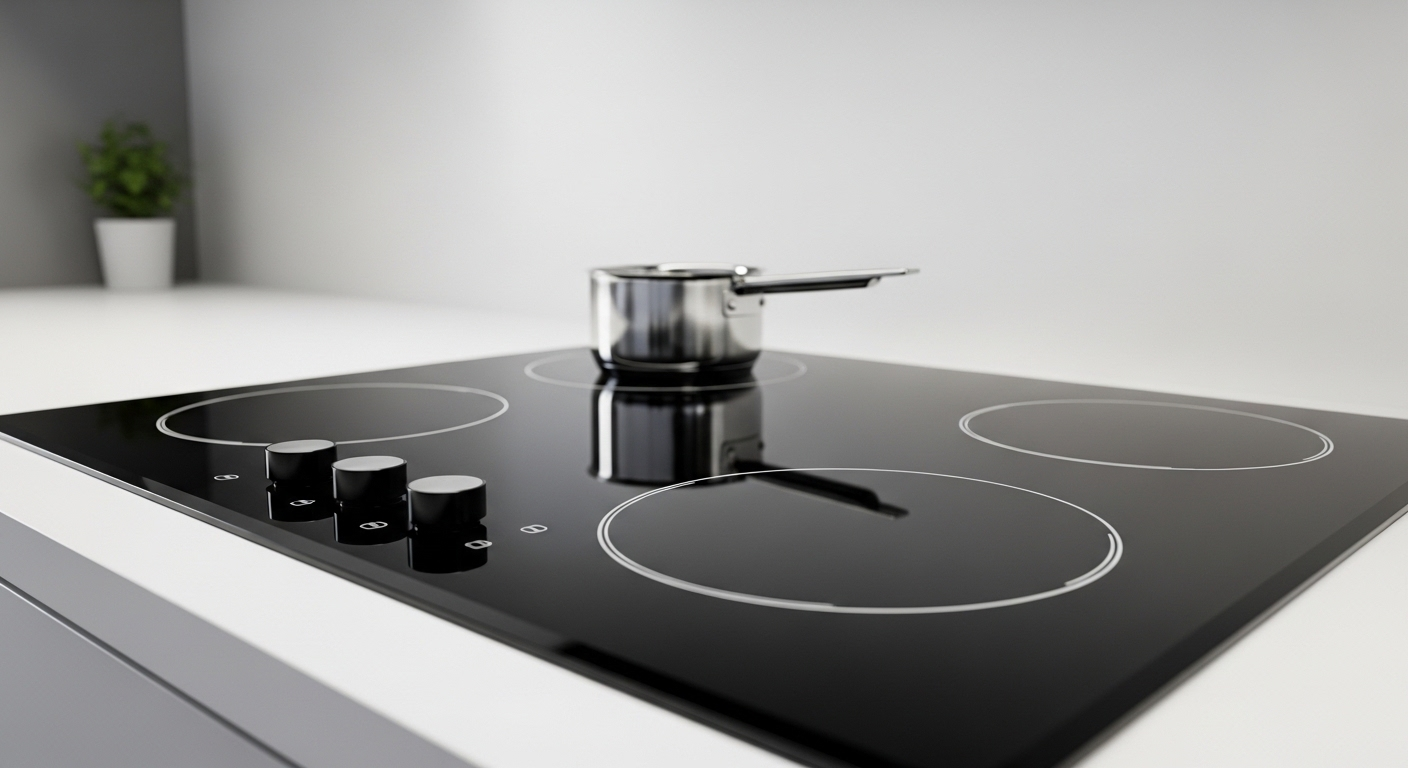 Mặt bếp từ gốm sứ đen sạch bóng, sáng loáng trong nhà bếp hiện đại, phản chiếu tủ bếp trắng, với một nồi inox nhỏ. Hình ảnh minh họa cho hiệu quả của các mẹo làm sạch nhà bếp.