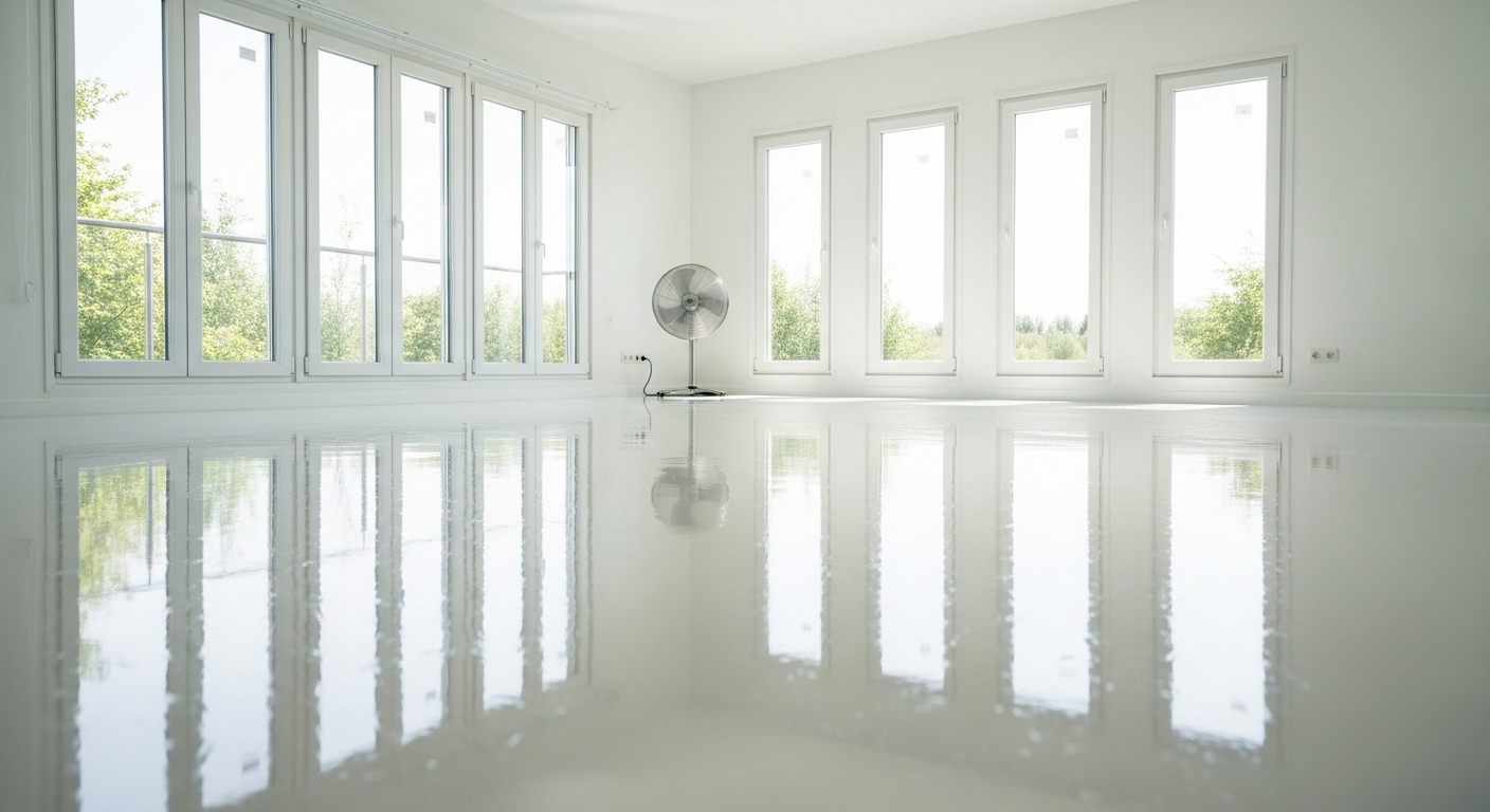 Sàn nhà sạch bóng sáng choang phản chiếu ánh sáng tự nhiên trong căn phòng thoáng đãng, thể hiện rõ cách lau nhà sạch bóng hiệu quả.