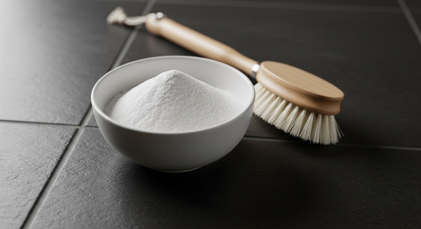 Bát bột baking soda trắng và bàn chải cọ trên sàn gạch tối màu, minh họa cách lau nhà sạch bóng tự nhiên và hiệu quả.