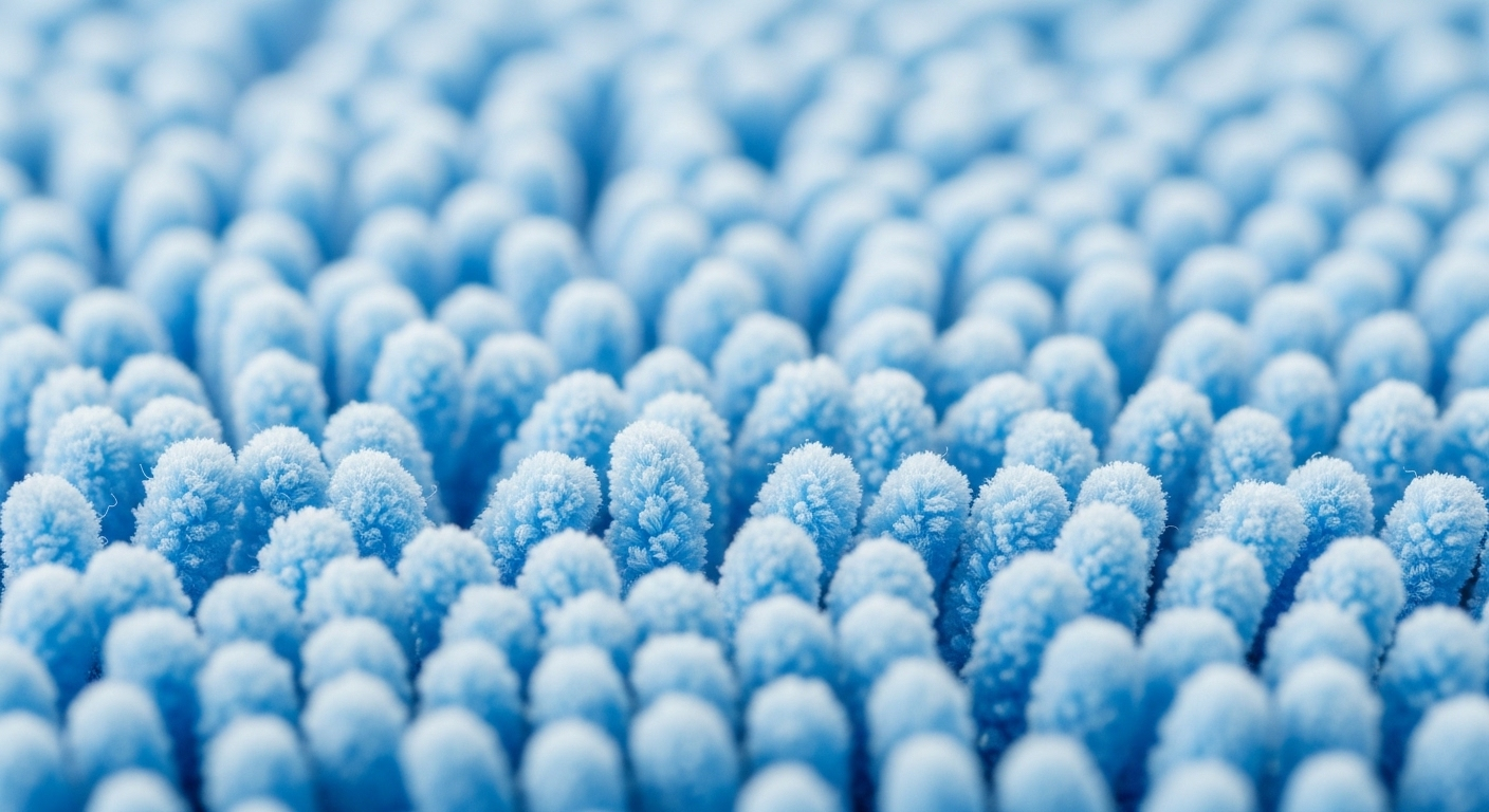 Ảnh cận cảnh sợi microfiber mềm mại, màu xanh nhạt trên đầu cây lau nhà sạch tinh. Giúp bạn hình dung kết quả tối ưu từ cách làm sạch cây lau nhà đúng chuẩn.