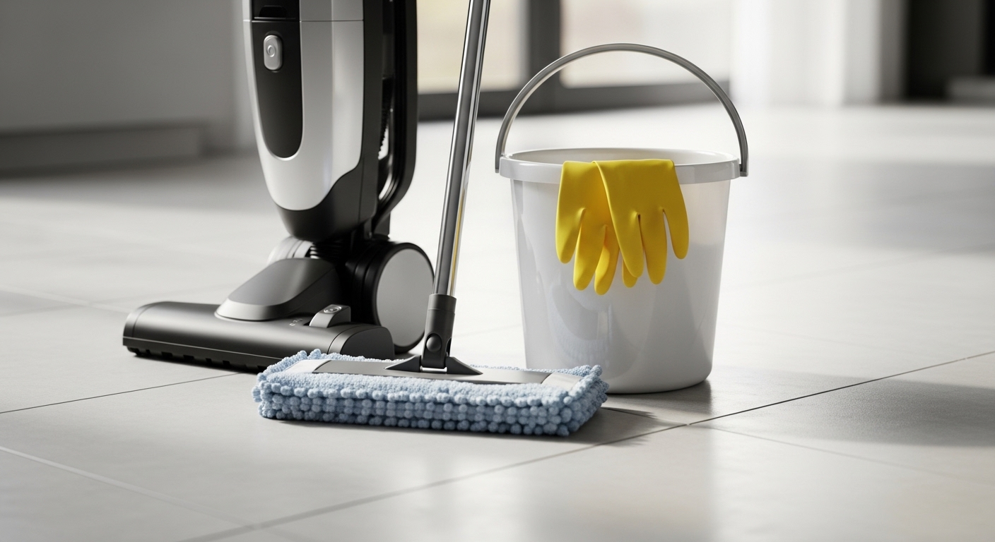 máy hút bụi, cây lau nhà, xô và găng tay trên sàn bếp, minh họa cách lau nhà sạch bóng.