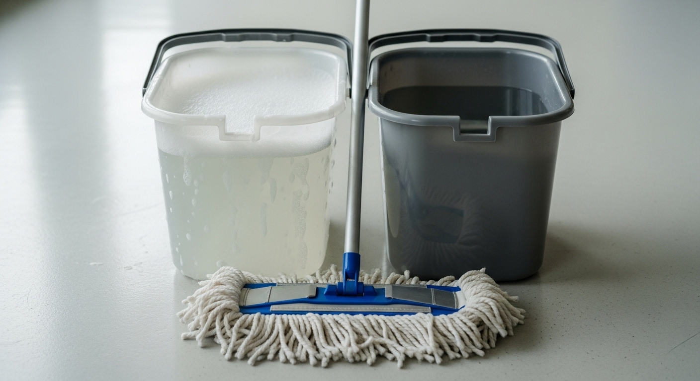 Hai xô nước (một xô nước xà phòng, một xô nước sạch) và đầu cây lau nhà sạch sẽ trên sàn sáng màu, thể hiện cách lau nhà khoa học và hiệu quả.
