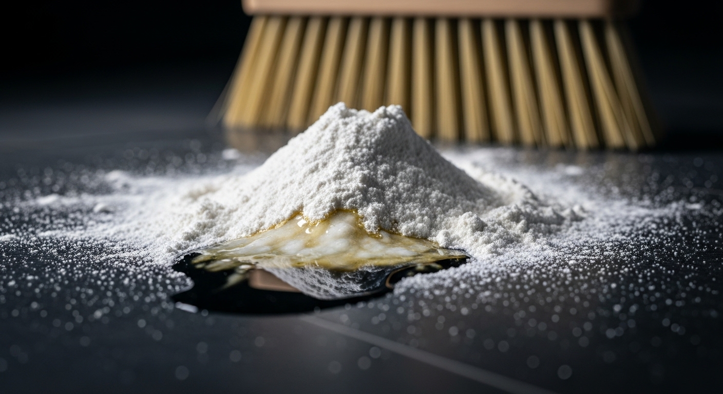 Ảnh cận cảnh bột thấm hút vết dầu loang trên sàn bếp tối. Một cách làm sạch sàn nhà dính dầu mỡ hiệu quả.